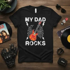 Black t-shirt with white text "MY DAD ROCKS" and a graphic of a winged electric guitar with a heart and