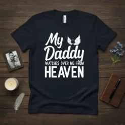 My Daddy watches over me from HEAVEN text with angel wings graphic on a navy t-shirt