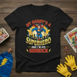 T-shirt design featuring Superman and a child sidekick with text "My Daddy's A Superhero And I'm His Sidekick"