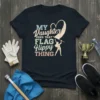 My Daughter Does That Flag Flippy Thing t-shirt design with vintage distressed typography and a silhouette of a flag twirler