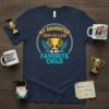My Daughter Son-In-Law Is My Favorite Child text with trophy graphic on a navy t-shirt