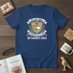 T-shirt design with text "My Daughter In Law Is My Favorite Child" and "Top Tier Family" above a shield with