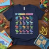 My Dinosaur Alphabet T-Shirt design featuring an alphabet chart of various cartoon dinosaurs with their names