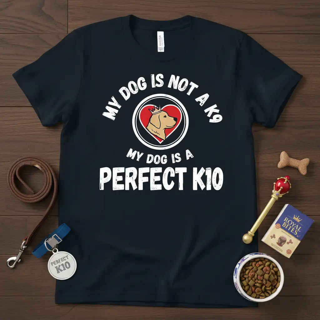 My Dog Is Not A K9 My Dog Is A Perfect K10 quote t-shirt with golden retriever and crown graphic