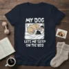 My Dog Lets Me Sleep On The Bed t-shirt design featuring a golden retriever sleeping with a person in bed