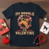 My Doodle Is My Valentine text with a happy doodle dog surrounded by hearts on a navy t-shirt design