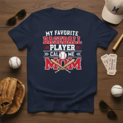 Navy t-shirt with white and red text "MY FAVORITE BASEBALL PLAYER CALL ME MOM" and baseball graphic, baseball mom design