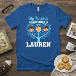 My Favorite Grandchild Is Lauren text with a heart-shaped tree graphic featuring three smiling children on a royal blue t-shirt