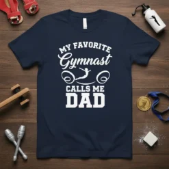 Navy blue t-shirt with white text "My Favorite Gymnast Calls Me Dad" and a silhouette of a gymnast mid-air