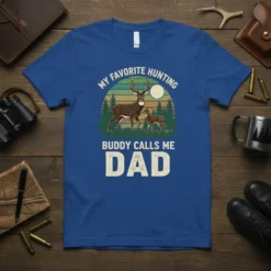 My Favorite Hunting Buddy Calls Me Dad T-Shirt featuring deer graphic and sunset forest scene