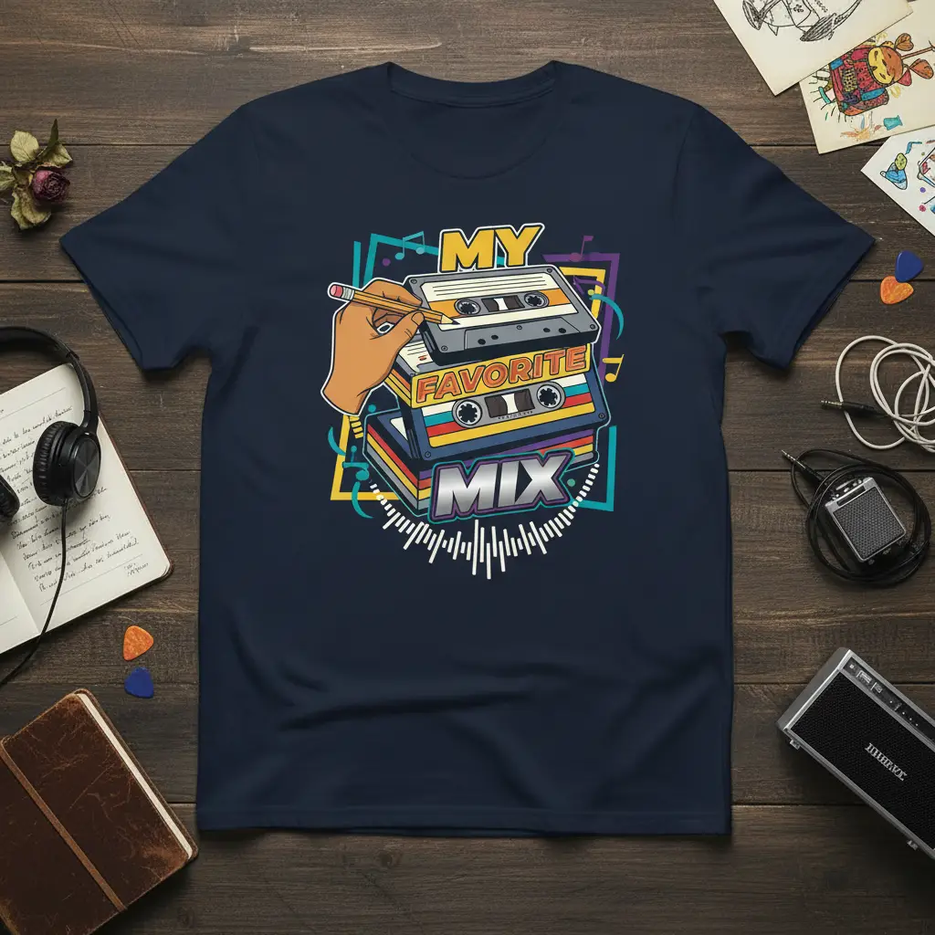 My Favorite Mix text and stacked retro cassette tapes graphic, 90s music theme