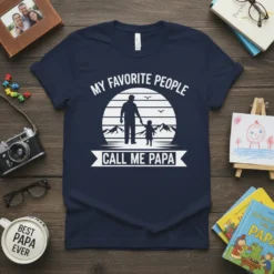 My Favorite People Call Me Papa t-shirt with silhouette of father and child walking towards mountains under a sunset graphic