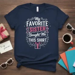 My Favorite SISTER Bought Me THIS SHIRT text design with decorative elements and a pink gift box graphic