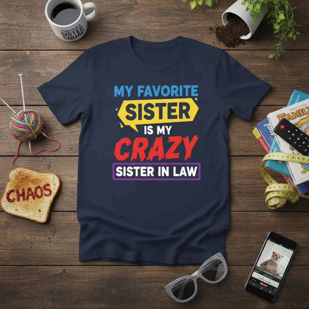 My Favorite Sister Is My Crazy Sister In Law quote in bold typography on a navy t-shirt, perfect for family humor