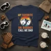 My Favorite Ski Buddies Call Me Dad t-shirt design with vintage sunset mountains and skiers graphic
