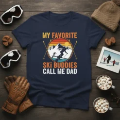 My Favorite Ski Buddies Call Me Dad t-shirt design with vintage sunset mountains and skiers graphic