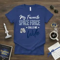 My Favorite SPACE FORCE CALLS ME Wife t-shirt with dog tags graphic, navy blue tee