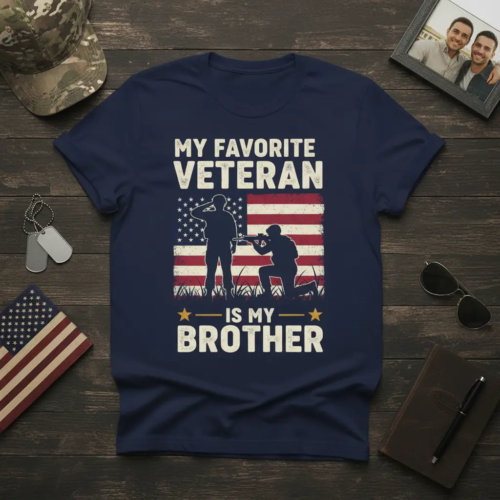 My Favorite Veteran Is My Brother quote on a navy t-shirt with American flag and military silhouettes