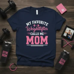 Navy t-shirt with "My Favorite Weightlifter Calls Me Mom" text in white and pink, featuring a dumbbell graphic
