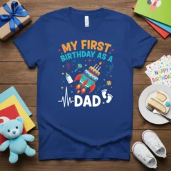Blue t-shirt with "My First Birthday As A Dad" text and graphics including a rocket cake, baby feet, and heartbeat