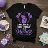 My First Birthday As A Mother t-shirt with purple graphic of mother holding baby, balloons, and text