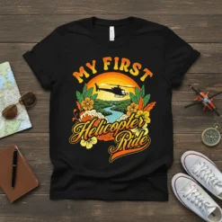 My First Helicopter Ride text with helicopter graphic, tropical flowers, and sunset landscape on a black t-shirt