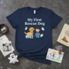 My First Rescue Dog t-shirt design featuring a golden retriever, a child, and cute ghost companions