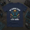 Navy t-shirt with white text "My Gaming Chair Is My Throne" and a graphic of a futuristic gaming chair with
