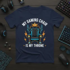 Navy t-shirt with white text "My Gaming Chair Is My Throne" and a graphic of a futuristic gaming chair with