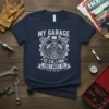 Navy t-shirt with white text "My Garage Is Calling And I Must Go" and a graphic of a V8 engine