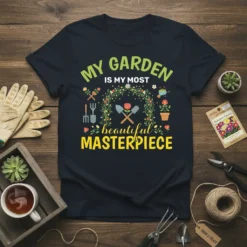 T-shirt featuring the text "MY GARDEN IS MY MOST beautiful MASTERPIECE" with floral arch and gardening tools graphic