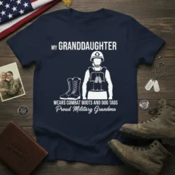 Proud Military Grandma t-shirt with text "My Granddaughter Wears Combat Boots and Dog Tags" and graphic of a soldier