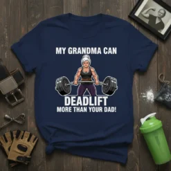T-shirt with text "MY GRANDMA CAN DEADLIFT MORE THAN YOUR DAD!" and a graphic of a strong woman lifting weights