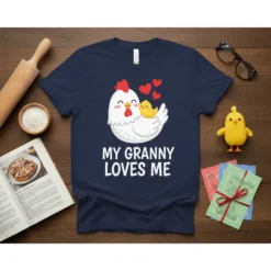 My Granny Loves Me text with a cute chicken and chick graphic on a navy t-shirt