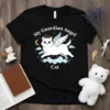 My Guardian Angel Cat T-Shirt with a white cat with wings and halo flying through clouds, moon, and stars