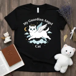 My Guardian Angel Cat T-Shirt with a white cat with wings and halo flying through clouds, moon, and stars