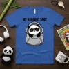 My Hangout Spot text above a cute panda wearing sunglasses and a grey hoodie, on a blue t-shirt