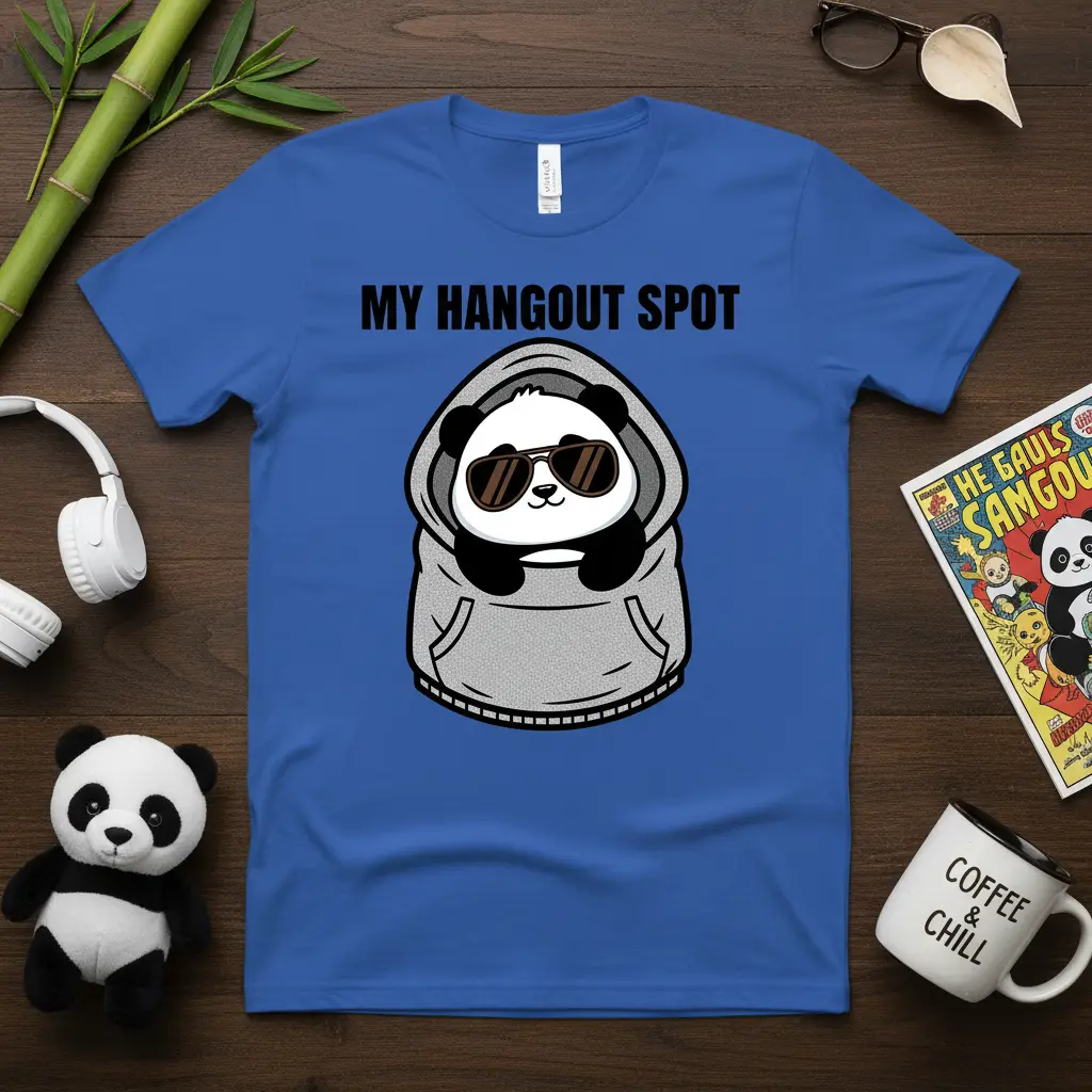 MY HANGOUT SPOT text over a cool panda in a hoodie and sunglasses, blue t-shirt design