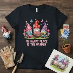 T-shirt with "My Happy Place Is The Garden" text and three cartoon gnomes tending to flowers and plants, surrounded by