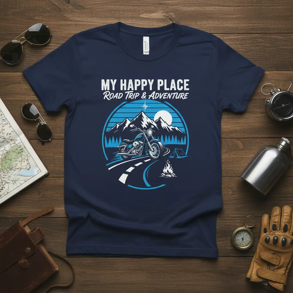 My Happy Place Road Trip & Adventure motorcycle design with scenic mountain and campfire graphic