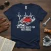 Navy blue t-shirt with white text "My Heart Beats For Hot Rods" and a red hot rod car graphic with