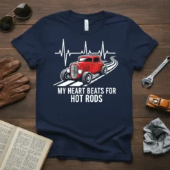 Navy blue t-shirt with white text "My Heart Beats For Hot Rods" and a red hot rod car graphic with