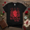 Black t-shirt with red text "My Heart Beats for You" and a red anatomical heart with a heartbeat line above