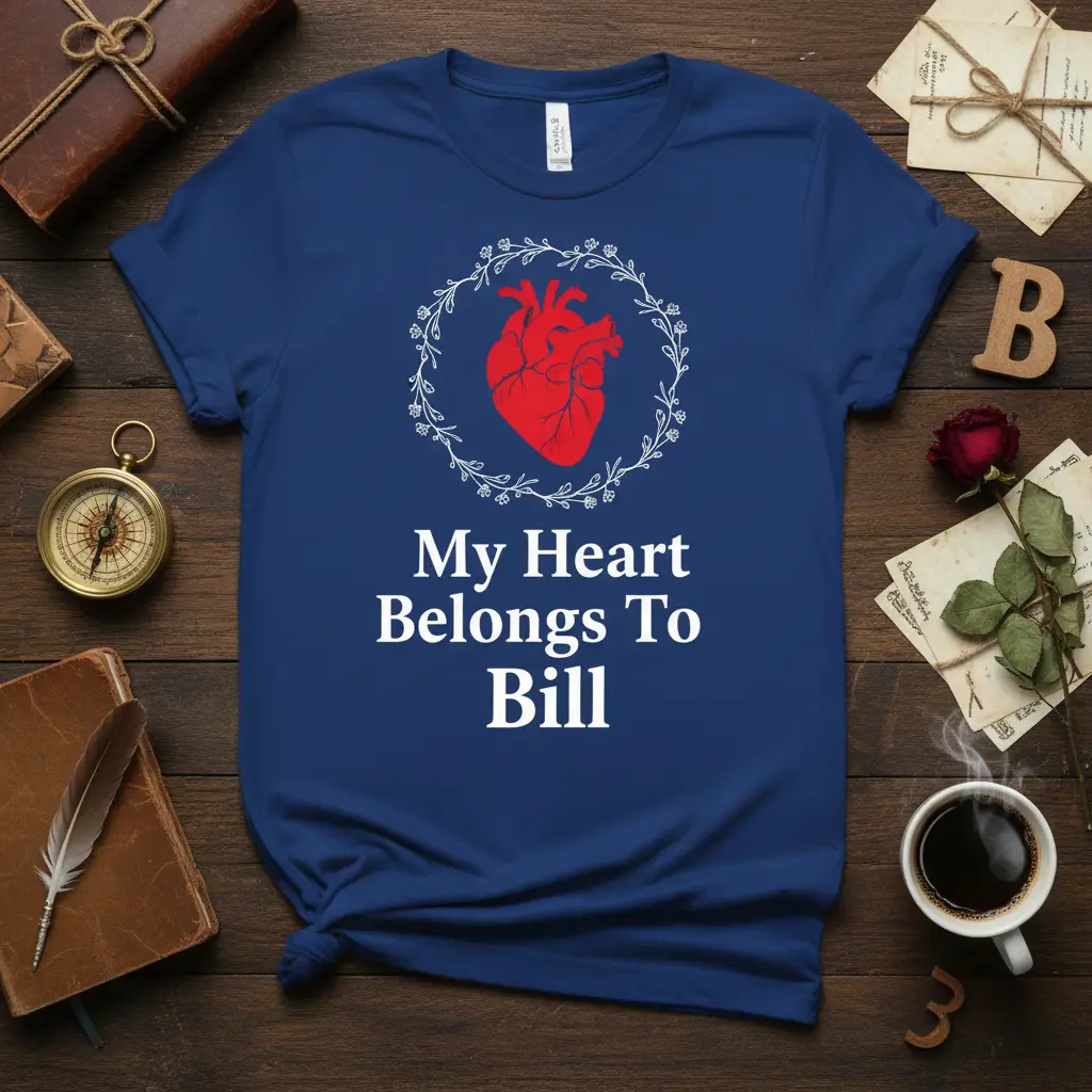 My Heart Belongs To Bill custom name t-shirt design featuring a red anatomical heart within a floral wreath