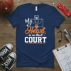 Navy t-shirt with "My Heart is on that COURT" text and basketball court graphic