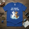My Heart Will Go On text above two embracing cats on a blue t-shirt, featuring white and tabby cats on