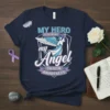 Navy t-shirt with "My Hero Is Now My Angel Suicide Awareness" text and an angel graphic with wings and halo