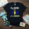 Black t-shirt with "My Homie has an extra CHROMIE" text and stick figures holding hands, symbolizing Down syndrome awareness