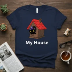 Black cat wearing a witch hat inside a wooden house with the text "My House" below, on a navy blue