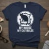 My House My Cat Rules t-shirt with black cat sitting on a throne graphic